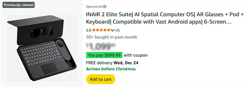 Coupon INAIR 2 Elite Suite — AI Spatial Computer OS AR Glasses with Pod and Keyboard